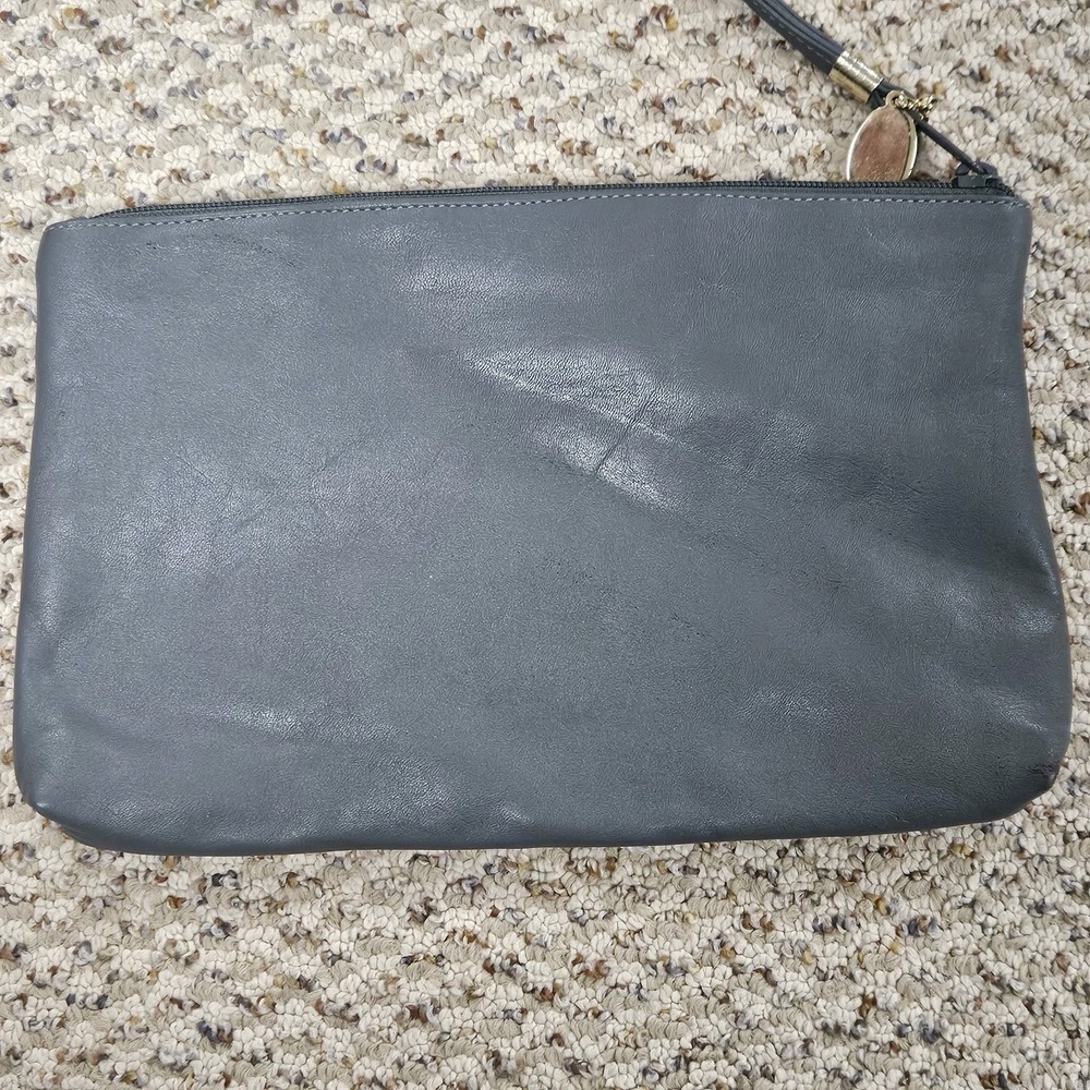 Vintage Etra Gray Genuine Leather Clutch Wristlet Purse – 10" Zip Pouch - Picture 3 of 5